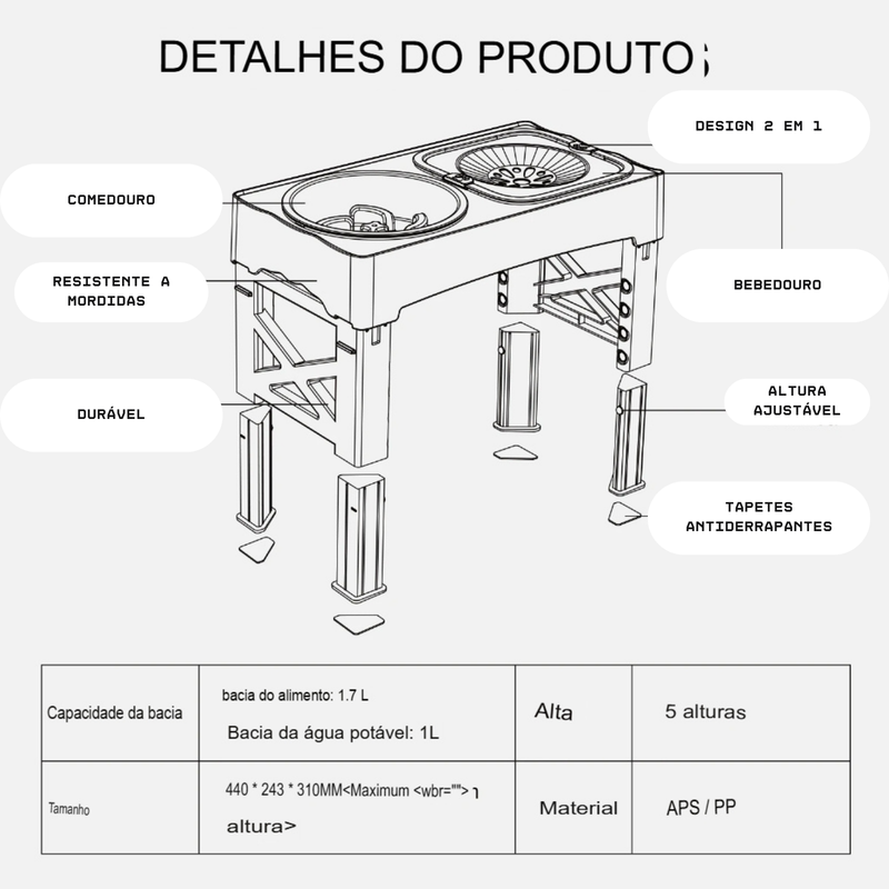 Tigela 3 em 1 com Altura Ajustável